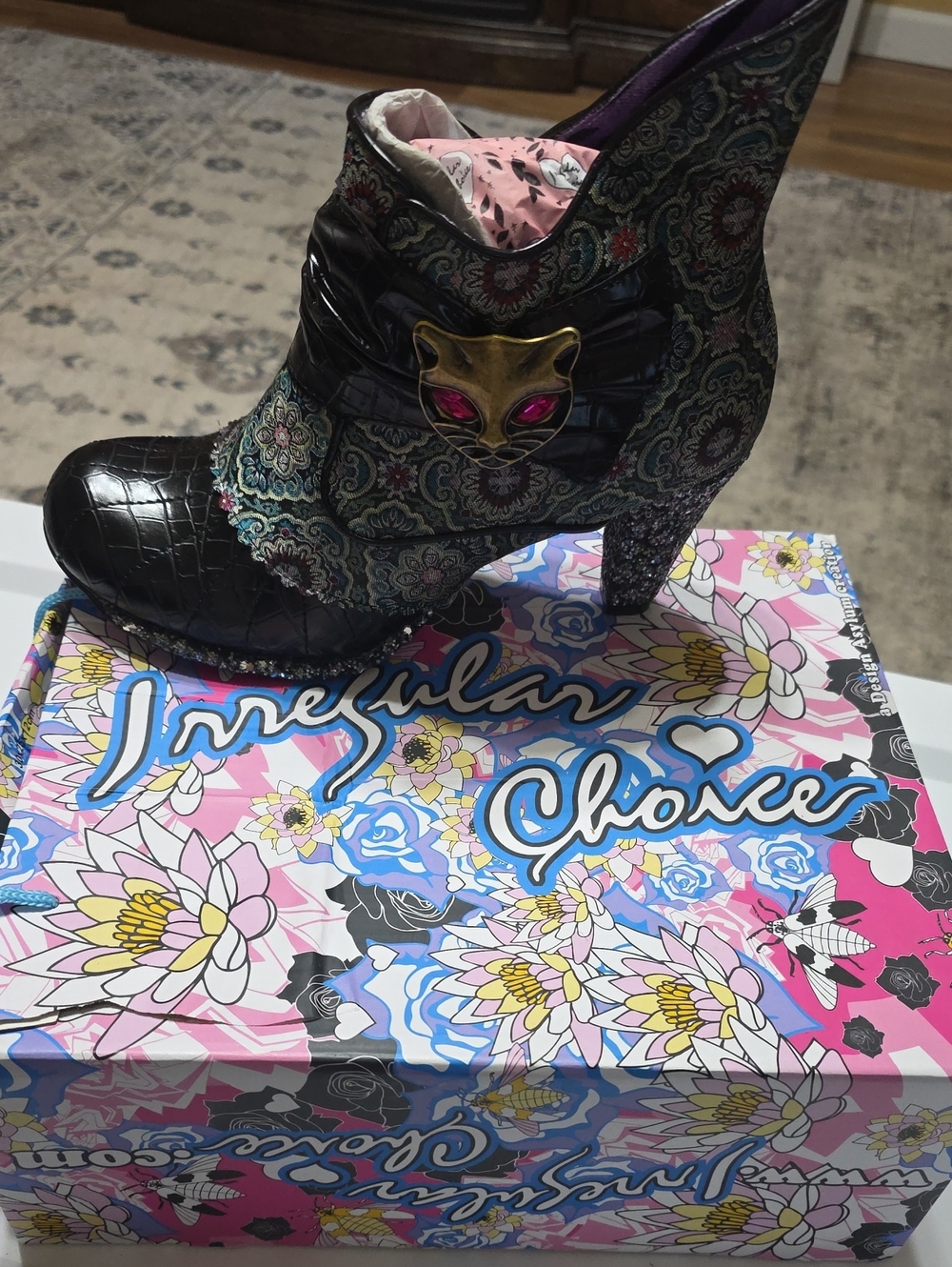 Irregular Choice Women's Multicolor Paisley Cat-Embellished High Heel Ankle Boot